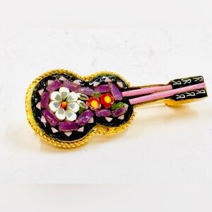 Vintage Floral Micro-Mosaic Guitar Shaped Brooch Gold Tone-Handcrafted in Italy
